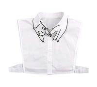 OOCC Women Girl Cute Cat Print Half Shirt Blouse Faux Collar Embroidery Cotton White Shirt Fake Collar