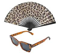 OODJVN 1 Piece Of Leopard Pattern Fan And 1 Piece Of Leopard Pattern Glasses, Personalized Foldable Kung Fu Fan, Practical Summer Cooling Supplies, Suitable For Dance, Beach Scenes.