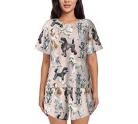 Oodles of Poodles Print Women's Crew neck short sleeved pajama set 2 Piece T-Shirt and Shorts Loungewear, Black, L