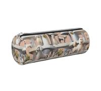 Oodles of Poodles Printed Leather Pencil Case Cute Stationery Organizer Round Makeup Bag Pen Pouch, Silver Zipper