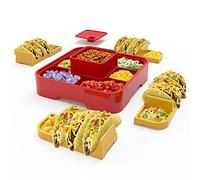 OOFAYBILL Taco Bar Serving Set for a Party - Taco Tuesday Kit of 4 personal Taco Holders, Taco Night for Burritos, Nachos, 7 compartments for Taco Toppings