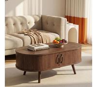 OOFAYJIA Oval Coffee Table with Storage, Modern Stylish Tea Table with 2 Sliding Doors, Sofa Center Tables for Living Room, Bedroom, Small Space,Walnut