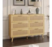 OOFAYJIA Rattan Sideboard Chest of Drawers with 6 Drawers, Large Wooden Kitchen Cabinet with Metal Handles, Drawer Cabinet for Kitchen, Dining Room, Living Room, Hallway, 120 x 40 x 75 cm
