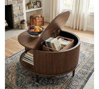 OOFAYJIA Round Lift Top Coffee Table, Fluted Center Table with Sliding Door & Hidden Storage Compartment, Small Modern Tea Table for Living Room, Reception, Home Office,Walnut