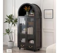 OOFAYJIA Tall Arched Bookcase, 5-Tier Wooden Storage Cabinet with Door & Open Display Shelves, Modern Farmhouse Bookshelf for Office, Kitchen, Living Room,Black Glass Door
