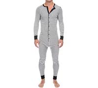 OOGUDE Mens Nightwear Onesies Button Pyjama Sets Sleepsuit Jumpsuit One Piece Long Sleeve Striped Printed Pjs Tracksuit (White,M,M)