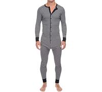 OOGUDE Mens Nightwear Onesies Button Pyjama Sets Sleepsuit Jumpsuit One Piece Long Sleeve Striped Printed Pjs Tracksuit (Grey,S,S)