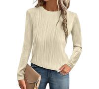 OOHOKAY Women's Basic Textured Long Sleeve Round Neck Blouse - Casual Solid Color Shirt Apricot-p3 S