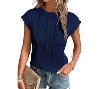 OOHOKAY Women's Crinkle Short Sleeve Top Casual Ruffled Blouse Loose Fit Summer Textured Tee Shirt(Navy Blue-p1,XXL)