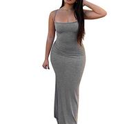 OOHOKAY Women's Dresses Summer Sexy Spaghetti Strap Solid Color Bodycon Low Cut Skims Elegant Sleeveless Backless Maxi Party Evening Aesthetic Y2K Fishtail Clothes(Grey-1,XS)