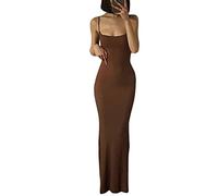 OOHOKAY Women's Dresses Summer Sexy Spaghetti Strap Solid Color Bodycon Low Cut Skims Elegant Sleeveless Backless Maxi Party Evening Aesthetic Y2K Fishtail Clothes(Brown-1,M)