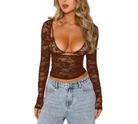 OOHOKAY Women's Lace Top Long Sleeve with Bra Embroidery Floral Slim Fit Low Cut Blouse Sexy Sheer See Through Y2K Crop Tops(Brown-l1,M)
