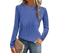 OOHOKAY Women's Long Sleeve Textured Casual Round Neck Blouse Solid Basic T-Shirt Blue-p3 M