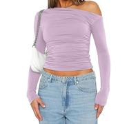 OOHOKAY Women's Long Sleeve Y2K Slim Fit One Shoulder Neck Basic T-Shirt Solid Colour Tight Top Casual Crop Tops(Light Purple-j1,M)