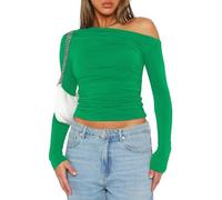OOHOKAY Women's Long Sleeve Y2K Slim Fit One Shoulder Neck Basic T-Shirt Solid Colour Tight Top Casual Crop Tops(Green-j1,M)