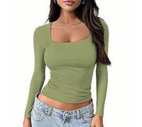 OOHOKAY Women's Long Sleeved Shirt Round Neck Basic Tops Y2K Slim Fit T-Shirt Crop Top Casual Streetwear Army Green-U1 M