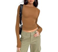 OOHOKAY Women's Regular-Fit Long-Sleeve Essential Crew Neck Slim-Fit T-Shirt Y2K Top(Sugar Chestnut-L4,XL)