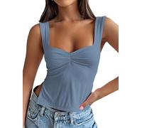 OOHOKAY Women's Vest Top Sweetheart Neckline Sexy Pleated Bustier Y2K Summer Sleeveless T-Shirt Casual Low Cut Cami Streetwear Side Slit XS-XXL(Haze Blue-o1,S)