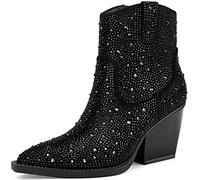 OOHRHN Women's Color Rhinestone Boots Glitter Sparkly Cowboy Booties Chunky Block Heel Pearl Detail Pointed Toe Bridal Wedding Western Ankle Boots Cowgirl Short Boots, Black Stone, 3 UK