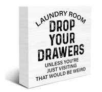 OOINISUU Laundry Sign - Funny Laundry Room Signs Laundry Room Drop Your Drawers Wood Block Sign Farmhouse Decoration for Home Laundry Room Shelf Desk Table