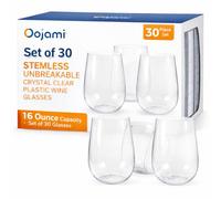 Oojami 30 Pack 16 oz Stemless Plastic Wine Glasses - Crystal Clear Unbreakable Shatterproof Reusable Disposable Party Cups for Wedding, Party, Events