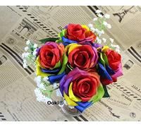 Ooki Custom Handmade Artificial Silk Rainbow Rose Toss Bouquet Bridesmaid Flower Bush Arrangement Home Decor Wedding Party Celebration Centerpiece Twine