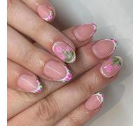 OOLA.DETAL 24 Pcs Short Oval False Nails Sweet Flowers Artificial Nails French Tip Stick On Nails Glossy for Woman