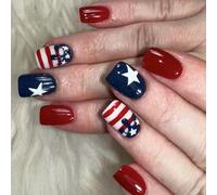 OOLA.DETAL 24Pcs Independence Day Short Square Glossy Star Red Lines Acrylic False Nails Stick on Nails for Women