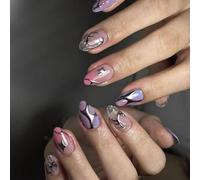OOLA.DETAL 24x French Tip Short Oval False Nails Silver Stripes Acrylic Nails Gradients Full Covers Stick On Nails