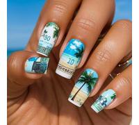 OOLA.DETAL Coffin Fake Nails Glossy Stick on Nails Coconuts Tree Full Covers False Nails Acrylic Glues on Nails