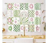 Oolygoo 70s Retro Cute Green Pink Flower Small Kitchen Curtains Checkered Groovy Window Treatment Funky Rod Pocket Cafe Short Window Curtains for Bathroom Dining Room Tier Treatment Drape 27.5x39 inch