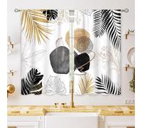 oolygoo Abstract Black and Gold Leaves Small Kitchen Curtains Boho Leaf Palm Window Treatment Botanical Mid Century Modern Cafe Short Curtains for Bathroom Dining Room Tier Treatment Drapes 27.5"x39"