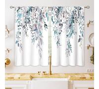oolygoo Blue Grey Eucalyptus Botanical Leaves Floral Kitchen Window Curtains Over Sink Farmhouse Flower Leaf Small Window Treatment Cafe Short Curtains for Bathroom Treatment Tier Drapes 26x36 inch