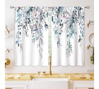 oolygoo Blue Grey Eucalyptus Botanical Leaves Floral Kitchen Window Curtains Over Sink Farmhouse Flower Leaf Small Window Treatment Cafe Short Curtains for Bathroom Treatment Tier Drapes 27.5x39 inch