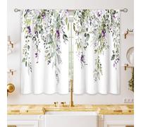 oolygoo Eucalyptus Botanical Leaves Purple Floral Kitchen Window Curtains Flower Plant Leaf Small Window Treatment Sage Green Cafe Short Curtains for Bathroom Treatment Tier Drapes 26x36 inch