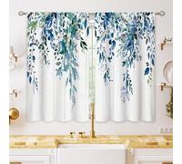 Oolygoo Farmhouse Teal Eucalyptus Small Kitchen Curtains Blue Leaves Window Treatment Turquoise Wooden Cafe Short Curtains for Bathroom Dining Laundry Room Botanical Tier Treatment Drapes 27.5x39 inch