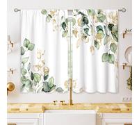 oolygoo Green Gold Leaf Botanical Small Kitchen Curtains Window Treatment Plant Eucalyptus Cafe Short Window Curtains for Bathroom Dining Laundry Room Spring Tier Treatment Drapes 27.5x39 inch