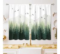oolygoo Green Misty Forest Small Kitchen Curtains Nature Window Treatment Tree Woodland Rod Pocket Cafe Short Curtains for Bathroom Dining Laundry Room Mountain Tier Treatment Drapes 26x36 inch
