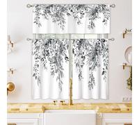 oolygoo Grey Eucalyptus Botanical Leaves Small Short Kitchen Curtains Farmhouse Flower Window Curtains Valance and Tier Set 3 Piece 36 Inch Tier Treatment Curtain Boho Cafe Curtains for Bathroom
