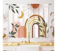 oolygoo Mid Century Abstract Boho Small Kitchen Curtains Leaf Sun Minimalist Window Treatment Modern Cafe Short Window Curtains for Bathroom Dining Room Geometric Tier Treatment Drapes 27.5x39 inch