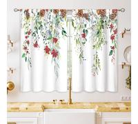 oolygoo Red Flower Eucalyptus Botanical Leaves Sage Green Christmas Floral Kitchen Window Curtains Over Sink Leaf Small Treatment Cafe Short Curtains for Bathroom Treatment Tier Drapes 27.5x39 inch