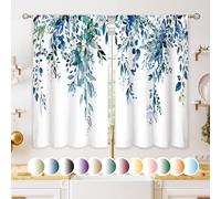 oolygoo Teal Eucalyptus Botanical Leaves Floral Small Kitchen Curtains Blue Flower Window Treatment Wildflower Plant Cafe Short Window Curtains for Bathroom Room Tier Treatment Drapes 26x36 inch
