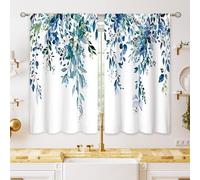 oolygoo Teal Eucalyptus Botanical Leaves Floral Small Kitchen Curtains Blue Flower Window Treatment Wildflower Plant Cafe Short Window Curtains for Bathroom Room Tier Treatment Drapes 26x24 inch