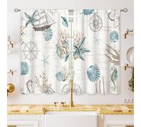 oolygoo Vintage Starfish Seashells Small Kitchen Curtains Coral Nautical Window Treatment Coastal Retro Ocean Beach Cafe Short Curtains for Bathroom Dining Room Tier Treatment Drapes 27.5x39 inch