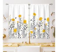 oolygoo Yellow & Gray Flower Small Kitchen Curtains Floral Window Treatment Wildflower Rod Pocket Cafe Short Window Curtains for Bathroom Dining Laundry Room Plant Tier Treatment Drapes 27.5x39 inch
