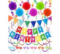 Oomloid Happy Birthday Party Decorations - Colorful Happy Birthday Banner Swirl Streamers Honeycomb Balls Circle Dots Garland Triangle Flag Bunting, Rainbow Decor for Women Men Boys Girls