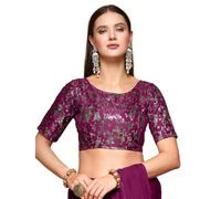 OOMPH! Traditional Ethnic Style Floral Pattern Silver Zari Work Readymade Brocade Half Sleeve Round-Neck Blouse for Pairing with Sarees, lehengas, or Plazzo for Fusion wear, Fuscia Pink, M