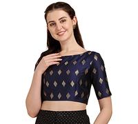 OOMPH! Women's Indian Ethnic Wear Designer Zari Work Boat Neck Half Sleeve Readymade Non - Padded Blouse for Saree and Lehnga and Palazzos or Skirts for a Fusion Twist., Navy Blue, 12