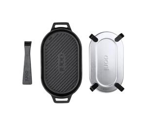 Ooni Cast Iron Grizzler Pan - Grill Frying Pan, 31 cm x 16 cm Griddle Plate with Removable Handle and Stainless Steel Trivet, Pre-Seasoned Non-Stick Oven Safe Cookware, Pizza Oven and BBQ Accessories