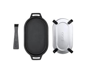 ooni Cast Iron Sizzler Pan - Griddle Frying Pan, 31 cm x 16 cm Sizzler Plate with Removable Handle and Stainless Steel Trivet, Pre-Seasoned Non-Stick Oven Safe Cookware, Pizza Oven and BBQ Accessories